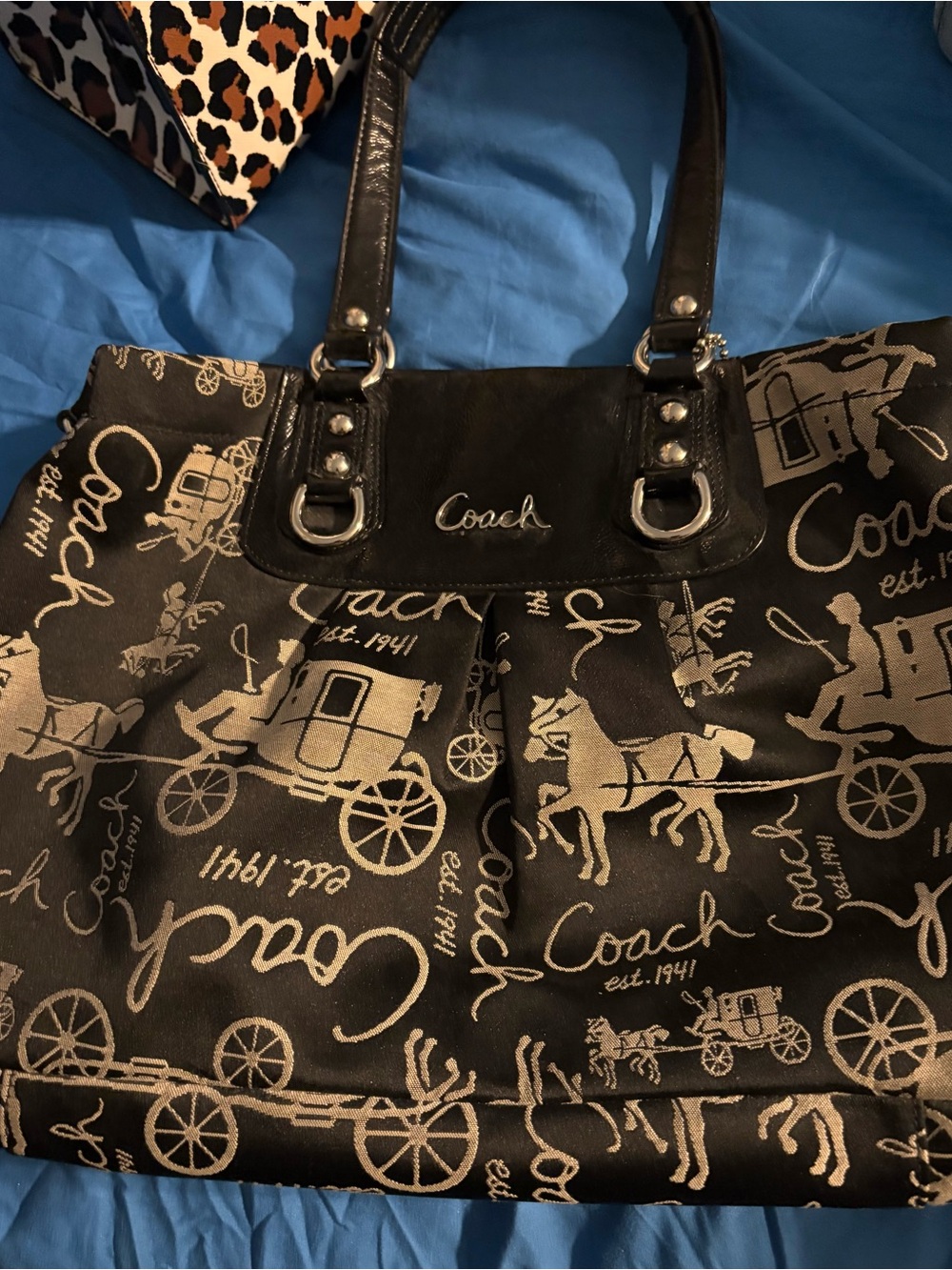 Coach Black and Cream Signature Ashley Carriage Tote with Leather Trim